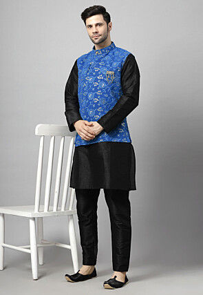Embroidered Art Silk Kurta Set in Black and Blue