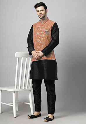 Embroidered Art Silk Kurta Set in Black and Brown