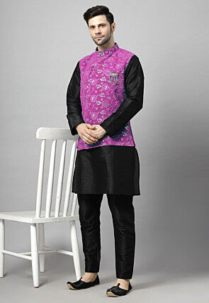 Embroidered Art Silk Kurta Set in Black and Magenta