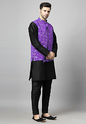 Embroidered Art Silk Kurta Set in Black and Purple