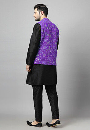 Embroidered Art Silk Kurta Set in Black and Purple