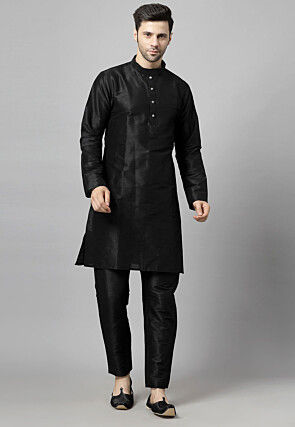 Embroidered Art Silk Kurta Set in Black and Purple