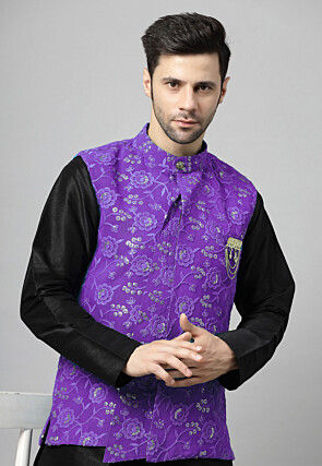 Embroidered Art Silk Kurta Set in Black and Purple