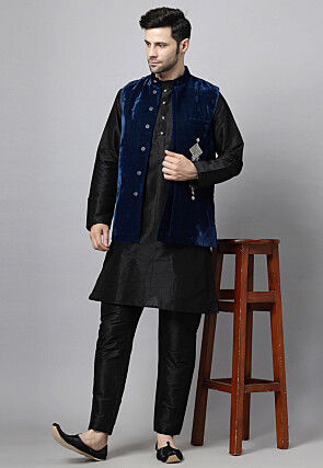 Embroidered Art Silk Kurta Set in Black and Teal Blue