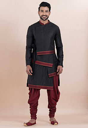 Embroidered Art Silk Kurta Set in Black