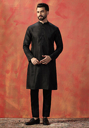 Embroidered Art Silk Kurta Set in Black