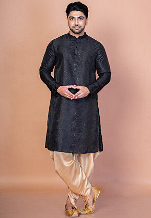 Embroidered Art Silk Kurta Set in Black