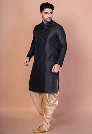 Embroidered Art Silk Kurta Set in Black