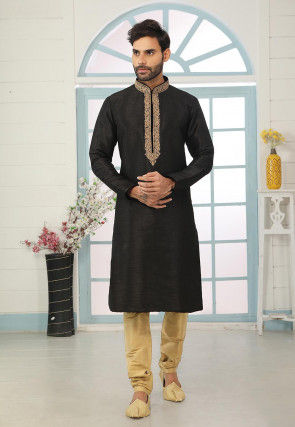 Embroidered Art Silk Kurta Set in Black
