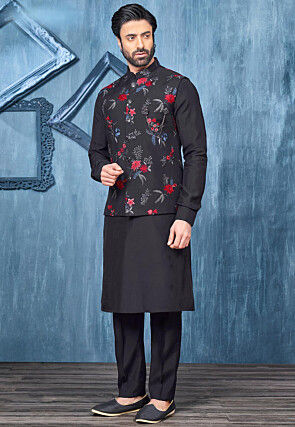 Embroidered Art Silk Kurta Set in Black
