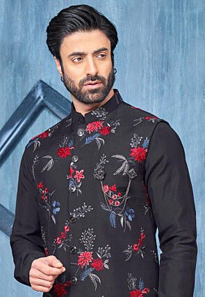 Embroidered Art Silk Kurta Set in Black