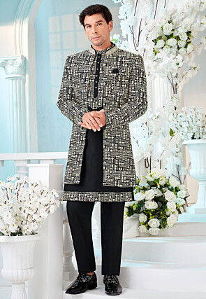 Embroidered Art Silk Kurta Set in Black