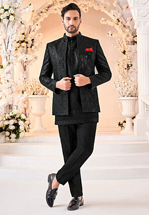 Embroidered Art Silk Kurta Set in Black