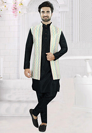 Embroidered Art Silk Kurta Set in Black