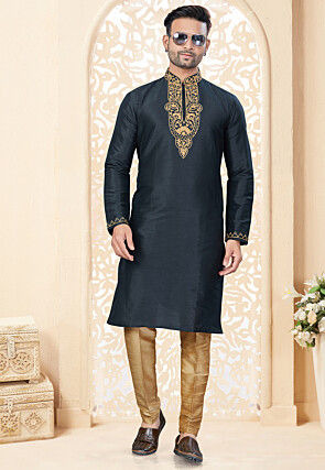 Embroidered Art Silk Kurta Set in Black