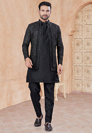 Embroidered Art Silk Kurta Set in Black