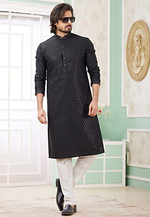 Embroidered Art Silk Kurta Set in Black