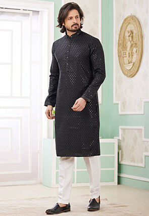 Embroidered Art Silk Kurta Set in Black