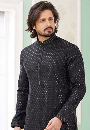 Embroidered Art Silk Kurta Set in Black