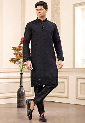 Embroidered Art Silk Kurta Set in Black