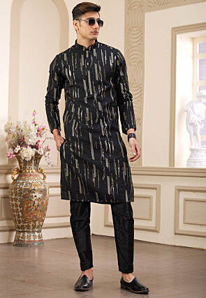Embroidered Art Silk Kurta Set in Black