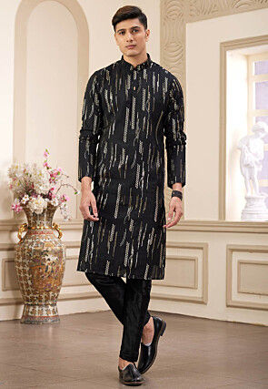 Embroidered Art Silk Kurta Set in Black