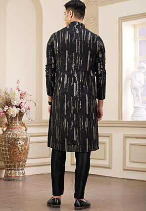 Embroidered Art Silk Kurta Set in Black