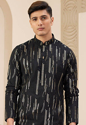 Embroidered Art Silk Kurta Set in Black