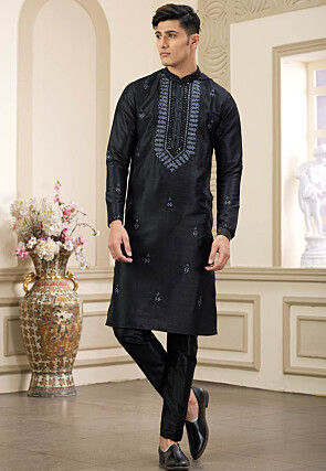 Embroidered Art Silk Kurta Set in Black