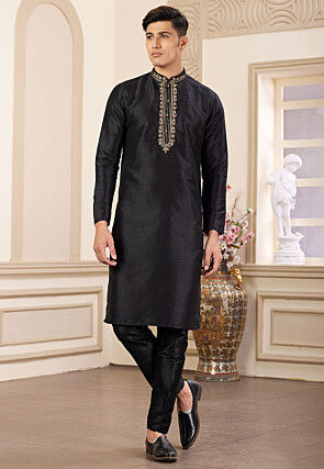 Embroidered Art Silk Kurta Set in Black