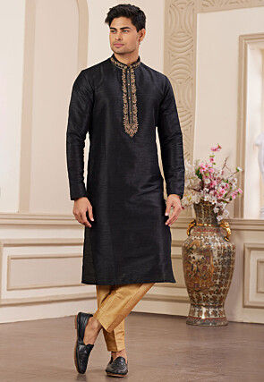Embroidered Art Silk Kurta Set in Black