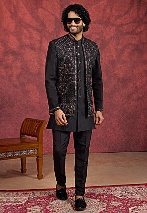 Embroidered Art Silk Kurta Set in Black