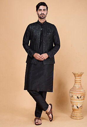 Embroidered Art Silk Kurta Set in Black