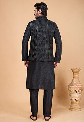 Embroidered Art Silk Kurta Set in Black