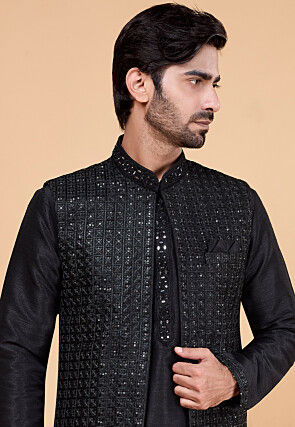 Embroidered Art Silk Kurta Set in Black