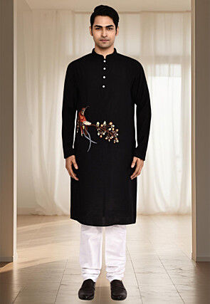Embroidered Art Silk Kurta Set in Black