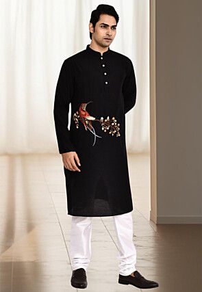 Embroidered Art Silk Kurta Set in Black