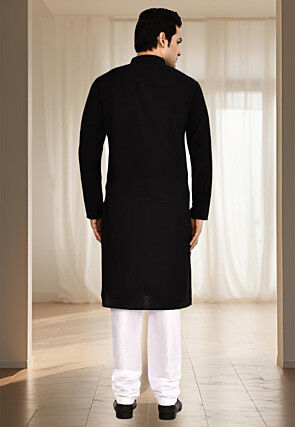 Embroidered Art Silk Kurta Set in Black
