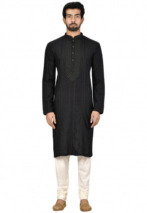Embroidered Art Silk Kurta Set in Black