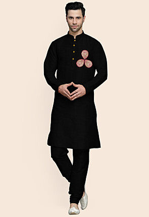 Embroidered Art Silk Kurta Set in Black