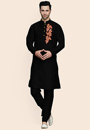 Embroidered Art Silk Kurta Set in Black