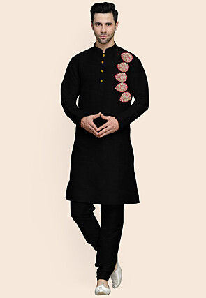 Embroidered Art Silk Kurta Set in Black