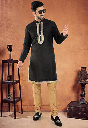 Embroidered Art Silk Kurta Set in Black