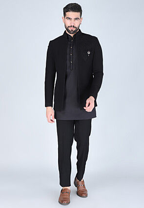 Embroidered Art Silk Kurta Set in Black