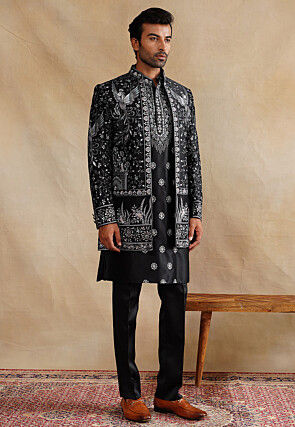 Embroidered Art Silk Kurta Set in Black