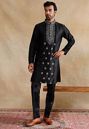 Embroidered Art Silk Kurta Set in Black