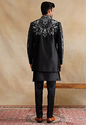 Embroidered Art Silk Kurta Set in Black