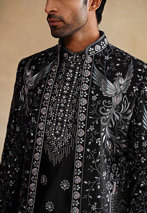 Embroidered Art Silk Kurta Set in Black