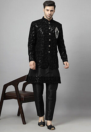 Embroidered Art Silk Kurta Set in Black