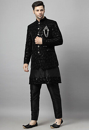 Embroidered Art Silk Kurta Set in Black